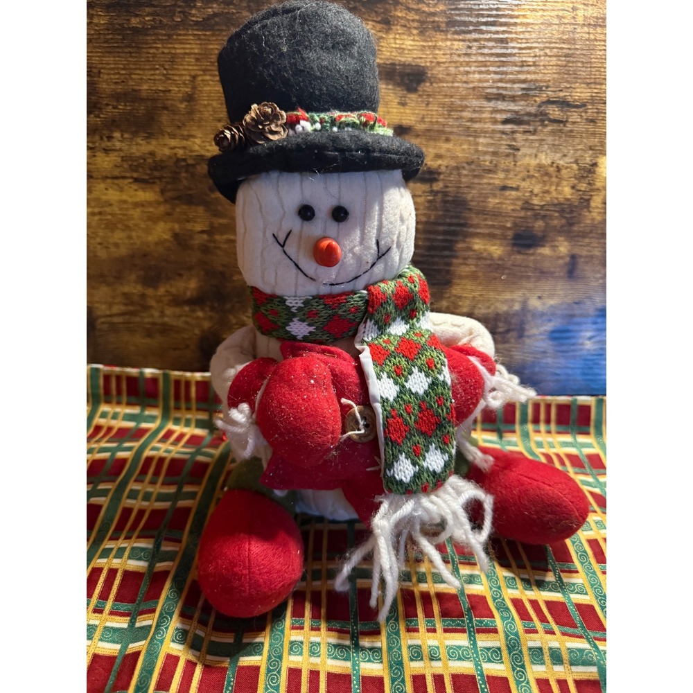 Rustic Plush Sitting Snowman Holiday Decor Cable Knit Sweater Top Hat 12 Inch